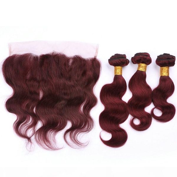 

body wave #99j wine red 3bundles brazilian human hair extensions with lace frontal 13x4 burgundy ear to ear frontal closure with weaves, Black;brown