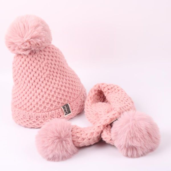 

beanies 2021 hat scarf solid baby pompom girls boys winter warm knitted hemming beanie cap+scarf keep set 5-9 year kids