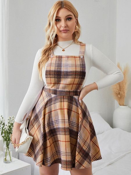 

plus plaid flared hem overall dress k3gt#, Black