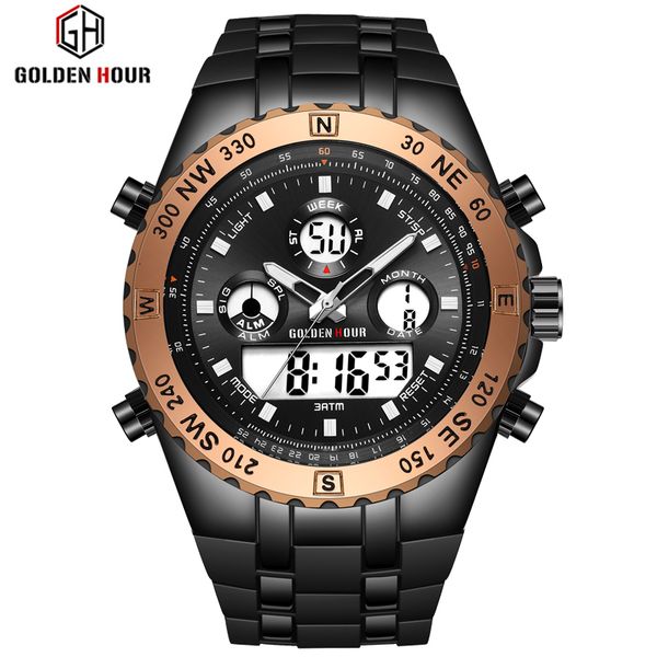

reloj hombre goldenhour men watch quarzt digital sport watch men erkek kol saati fashion outdoor wrist watch luminous male clock, Slivery;brown