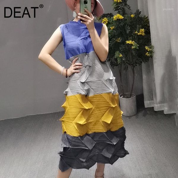 

deat] 2020 new pattern fahsion pleated waist female wild panelled round collar sleeveless elegant long length the dress at1611, Black;gray