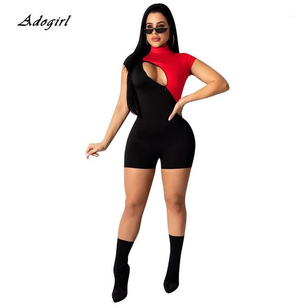 

adogirl zipper black rompers women jumpsuit 2020 casual patchwork short sleeve o neck hollow out bodysuit women club outfit1, Black;white