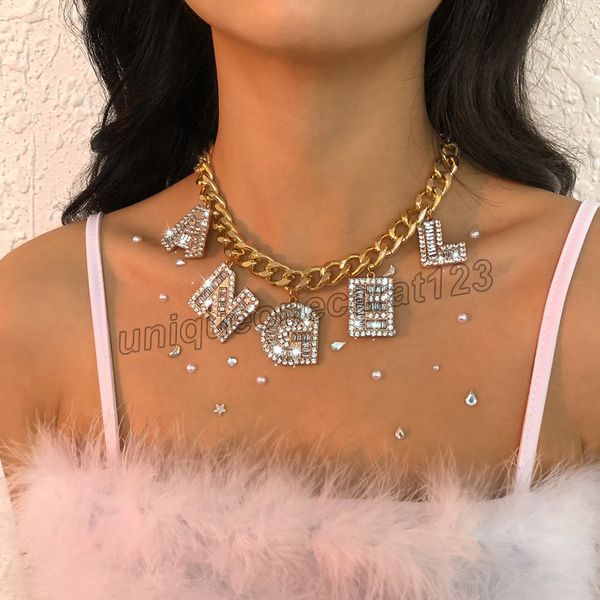 

glam letter angle pendant necklace cuban link chain rhinestone choker necklace for women bling statement wedding jewelry, Golden;silver