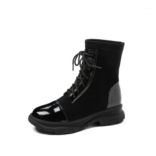 

2021 new autumn winter pu leather + flock round toe cross-tied ankle boots square heel ladies casual party women shoes1, Black