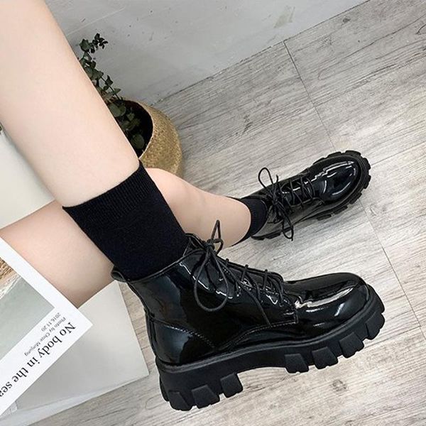 

women ankle boots ladies shoes female footwear new platform woman botas thick botomn pu patent leather fashion lace up non slip, Black