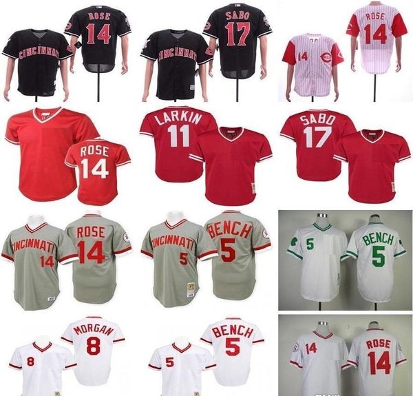 

mens 14 pete rose 5 johnny bench 11 barry larkin 17 chris sabo vintage 1976 1969 1990 stitched baseball jerseys, Blue;black