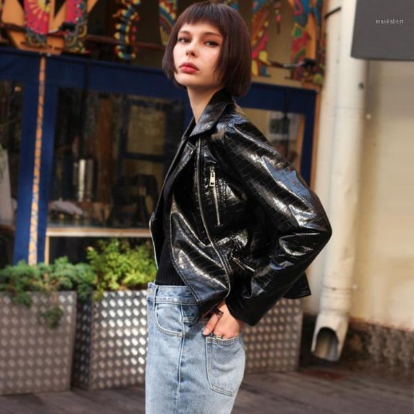 

autumn fashion glossy fabric streetwear locomotive style pu leather jacket female snake pattern warm leather jacket f1331, Black