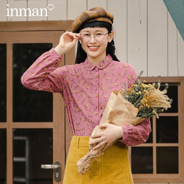 

inman autumn winter new arrival colorful printed long sleeve shirt literary floral pastoral style fresh lady blouse 201201, White