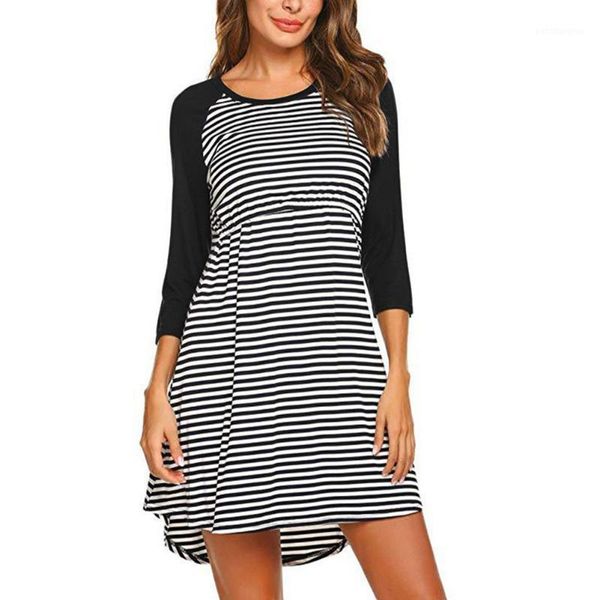 

maternity dresses women breastfeeding nursing dress soft summer loose casual crew neck striped pregnant autumn ladies 3/4 sleeve fashion1, White