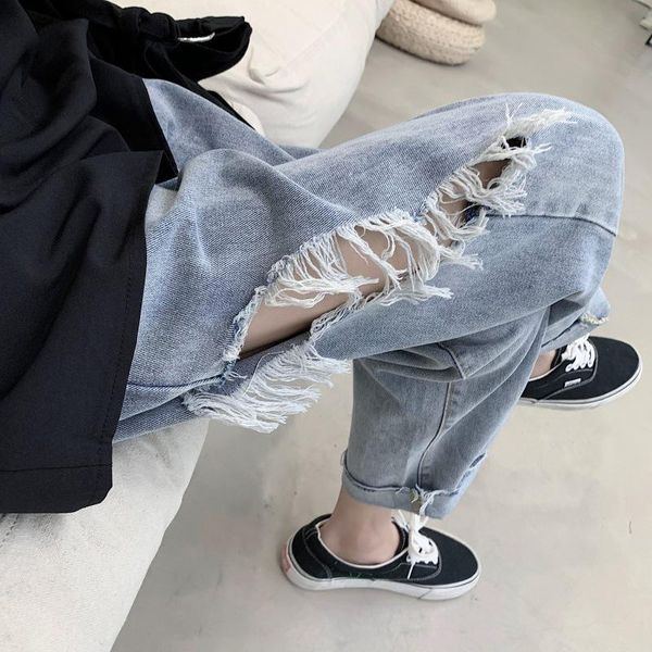 

wholesale 2021 fashion ripped jeans men's straight loose trend korean wild summer thin teenagers wide-leg pants, Blue