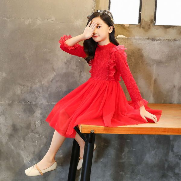 

and winter drs plush autumn girls' thick lace princs white red flower girl skirt vwap, Red;yellow