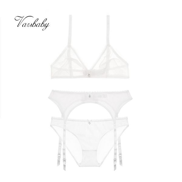 

varsbaby see-through deep v underwear wire seamless unlined bra+panty+garter 3 pcs bra set c1211, Black;white
