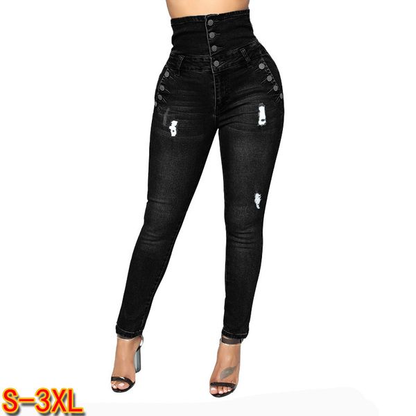 

women's black jeans high waist four breasted elastic slim pants woman, Blue