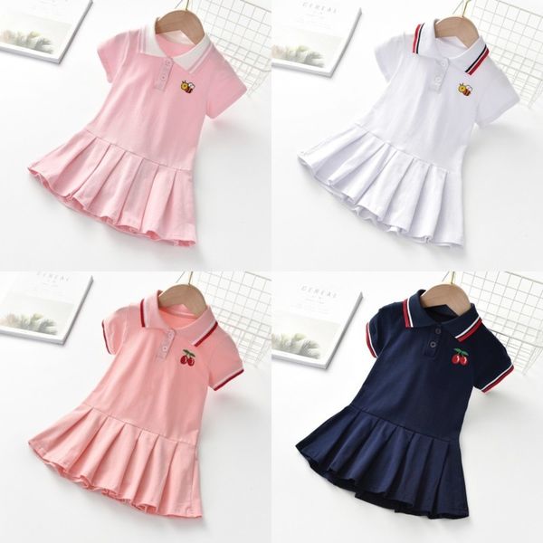

girl lace lapel kids collar embroidery bee short sleeve dress kids elegant summer baby girl clothes, Red;yellow