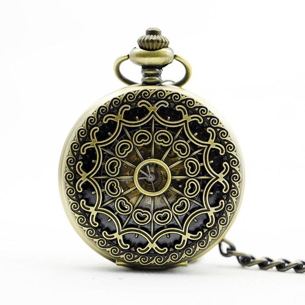 

классическая бронзовая паук веб-сердца медные полые механические карманные часы ретро цепь для мужчин женщин подарочные часы wmtbcz, Silver