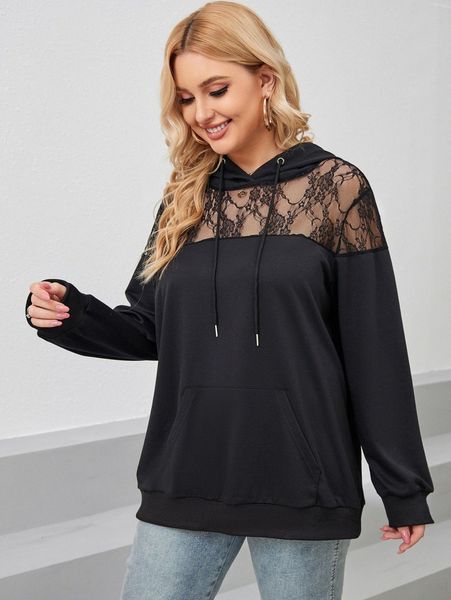 

plus lace panel drawstring hoodie i0o6#, Black