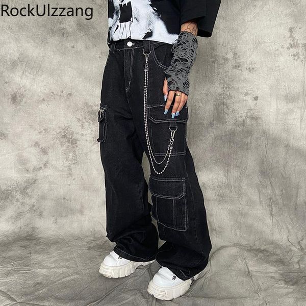 

men's jeans blue black techwear zipper pocket chain streetwear woman men rap fashion cargo denim loose straight punk pant hip hop plus