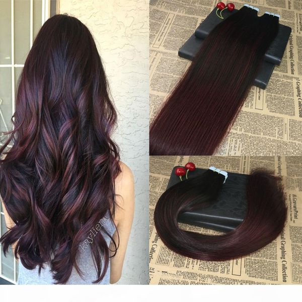 

highlights real remy human hair tape on hair extensions ombre #1b 99j balayage invisible skin weft tape in extensions 100g 40pcs, Black