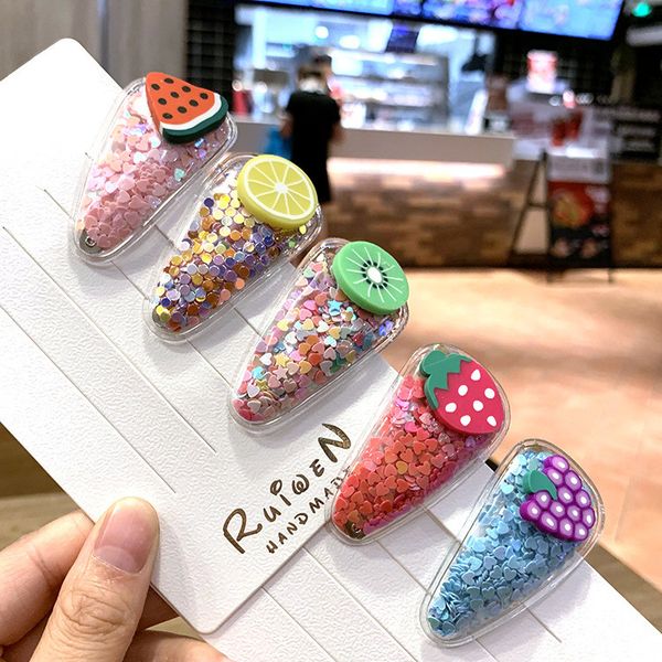 

5 pieces/set color quicksand clear transparent kids fruit hairpin pvc side clip baby bb clip bobby pin barrette hair accessories cz120503, Slivery;white