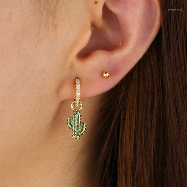 

20200 new design lady cute plant cactus dangle charm hoop huggie earring with green cubic zirconia statement drop dangle earring1, Golden;silver