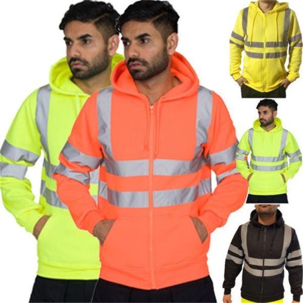 

men hooded jacket jumper zipper fleece hoodie coat reflective fluorescent stripe safety work clothes sport safety stripes hoodie, Black