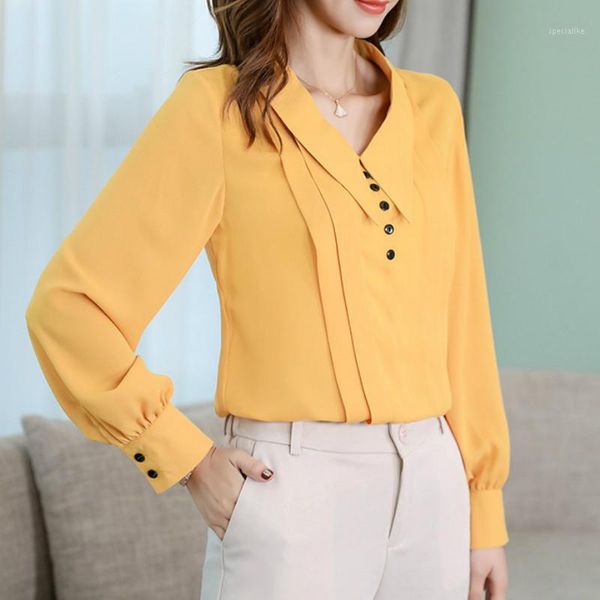 

2019 spring summer shirts new korean fashion office work women's blouses leisure chiffon lapel slim long sleeve shirt blusas1, White