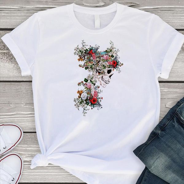 

women fashion floral skull t shirt women round neck short sleeve skeleton flower printing shirts casual shirts, White