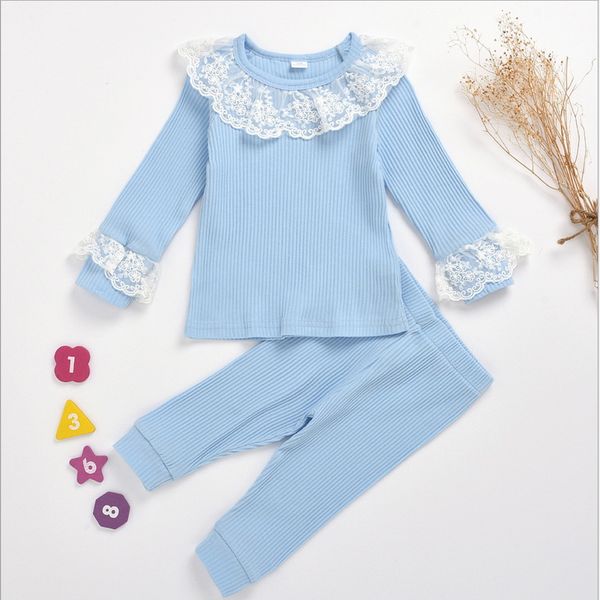 

2021 spring baby pajamas knitting waffee solid color lace long sleeves cotton girl wear with pants baby clothes e006, White