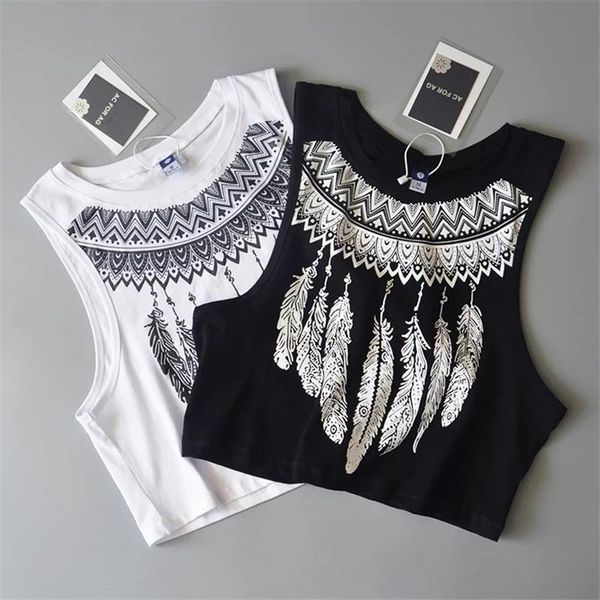 

summer new fashion women loose sleeveless cool feather print black casual women white cotton vest tank