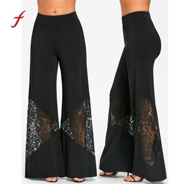 

lace splicing womens print casual pants polyester patchwork mid elastic waist skinny women's full length wide leg pants #430051, Black;white