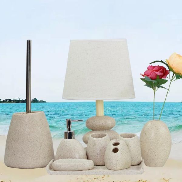 

bath accessory set 5in1 sand color resin ensemble bathroom soap dish lotion dispenser toothbrush holder cup with lamp tray vase