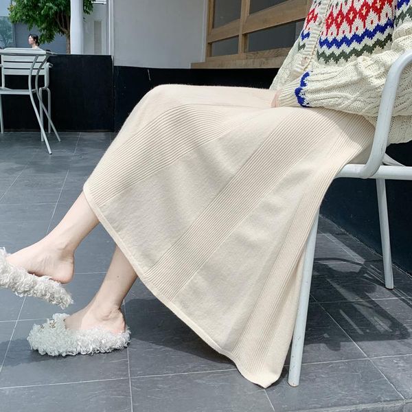 

knitting office lady split sweater skirts women autumn a-line skirt woman high waist basic knit mid-calf skirts female1, Black