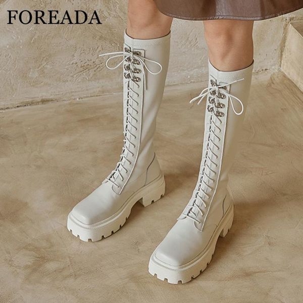

foreada real leather knee high boots woman platform high heel motorcycle boots lace up block heel shoes square toe female1, Black