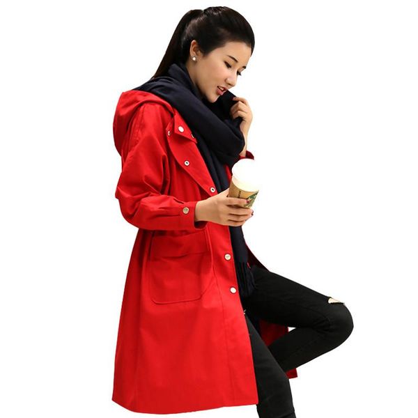 

2020 spring autumn woman hooded red trench coat korean new womens long windbreaker business outerwear loose lace up ladies coats, Tan;black