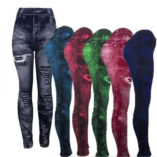

women 2020 imitation distressed denim jeans leggings casual high waist slim elastic pencil pants sport leggins femal push up, Black