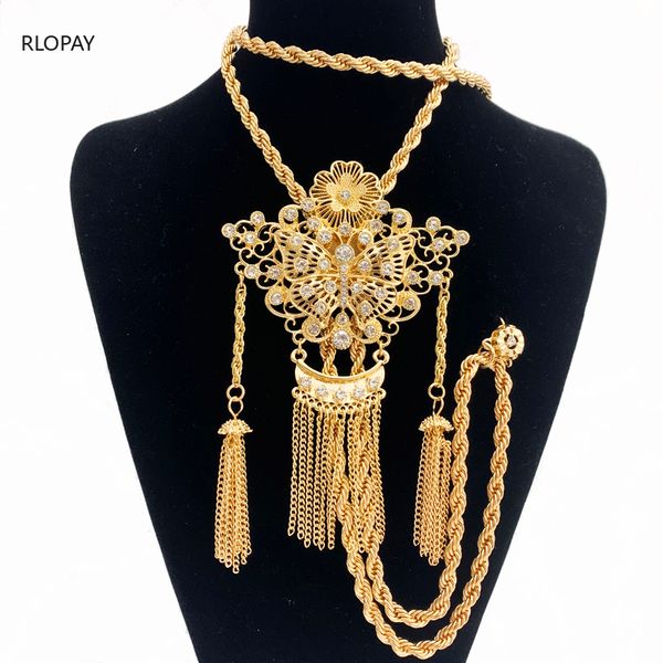 

luxury algeria wedding necklace with rhinestone long slid pendants in gold tassels jewelry chain for bridal q1216, Silver