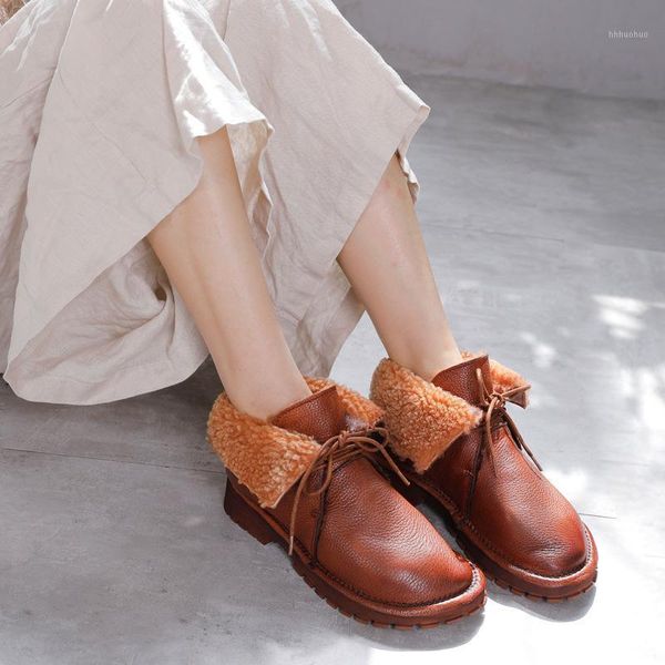 

boots vallu 2021 winter lace-up genuine leather fur women's wool warm retro handmade soft bottom snow boots1, Black