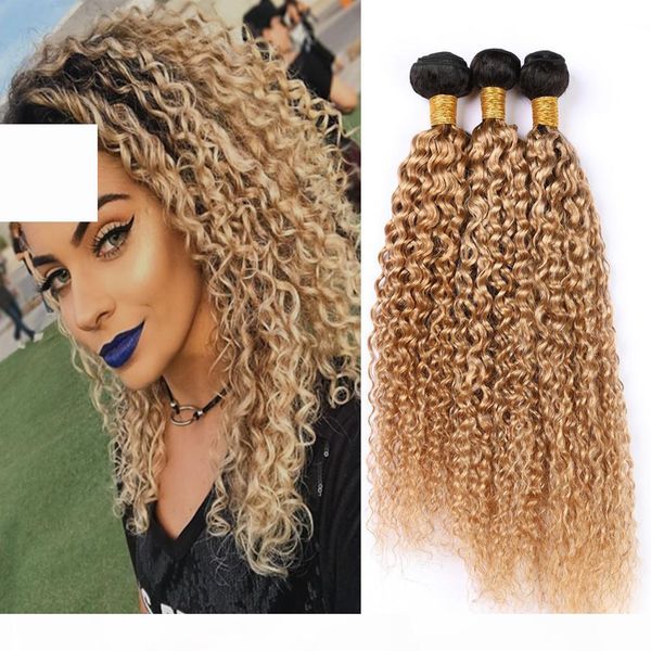 

honey blonde peruvian curly human hair weave bundles kinkys curly 3 bundle deals #1b 27 dark root light brown ombre virgin hair extensions, Black;brown