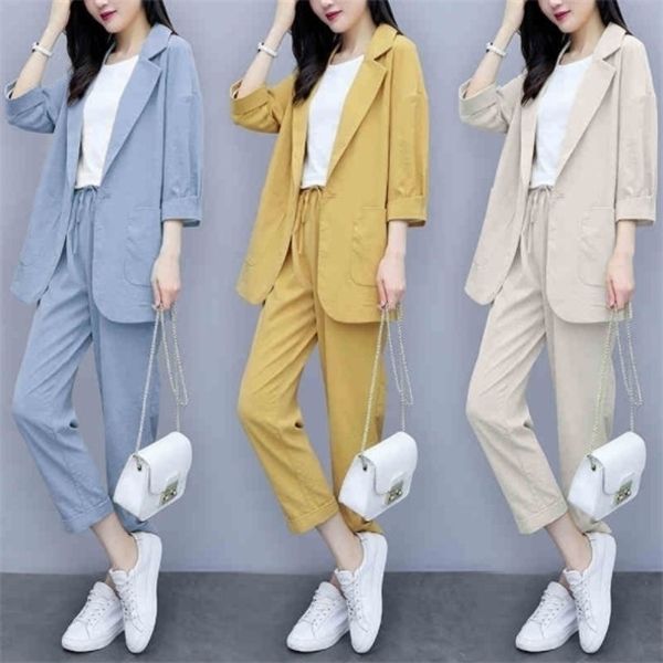 

womens autumn casual suits blue yellow beige linen pant suits for women 2 two pieces blazer and trouser sets summer sheer outfit q1215 q1217, White;black
