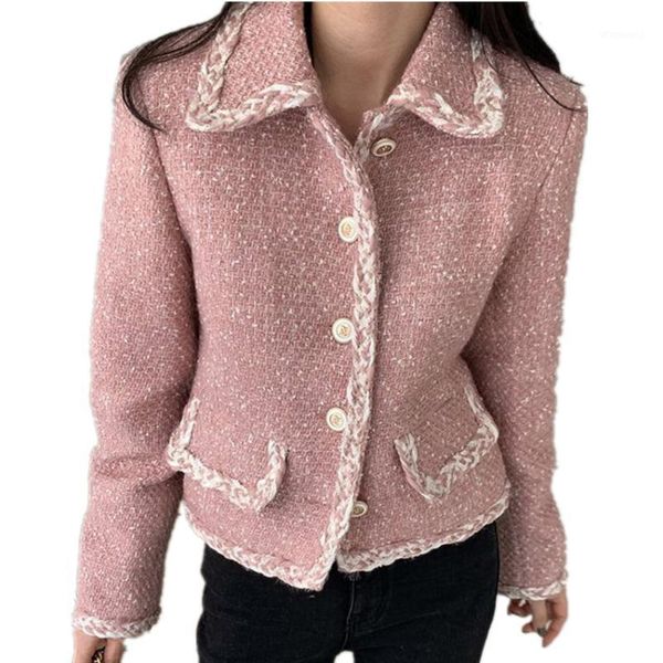 

autumn winter vntage pink lapel tweed jacket women lapel stitching single-breasted loose small fragrance long sleeve cardigan1, Black;brown