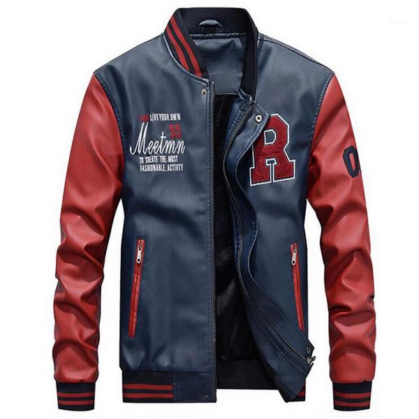 

jacket men embroidery baseball jackets pu faux leather coats slim fit zipper casual college luxury fleece pilot leather jackets1, Black;brown