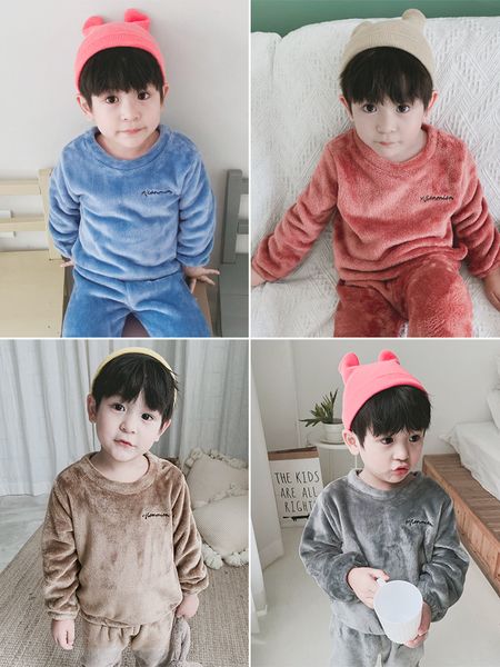 

boys' suit home coral velvet baby warm thickened pajamas plush two piece children's winter wear, White