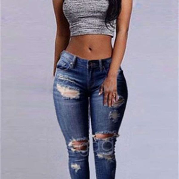 

2020 women's perforated jeans autumn and winter new leggings pants, Blue