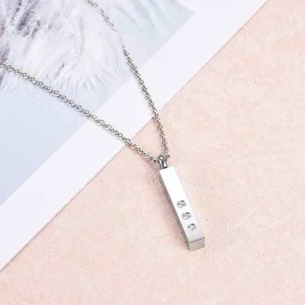 

X001 White Crystals Inlay Bar Cremation Pendant, Never Fade Stainless Steel Material Memorial Urn Holder Keepsake1, Silver