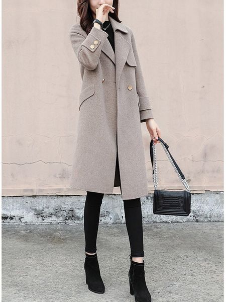 

2021 new england female style wool jacket double-breasted korean fashion lady streetwear classic winter coat vu61, Black