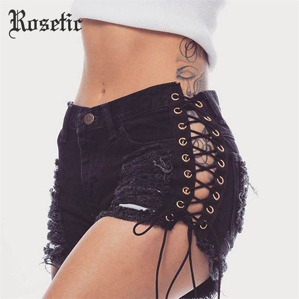 

rosetic gothic denim shorts bandage black hole fashion summer slim ripped jeans short pants lacing goth casual shorts y200403, White;black