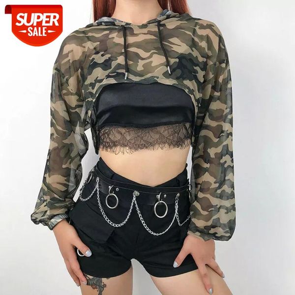 

2019 see through mesh shirt army green casual women long sleeve club wear loose sheer hooded navel shirt #nl3w, White