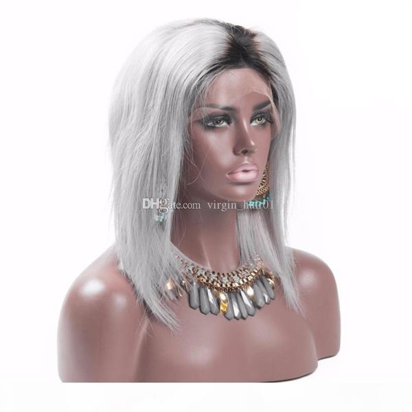 

1b grey dark root vrigin human hair ombre bob full lace wig and lace front wig 1b grey silky straight ing, Black;brown