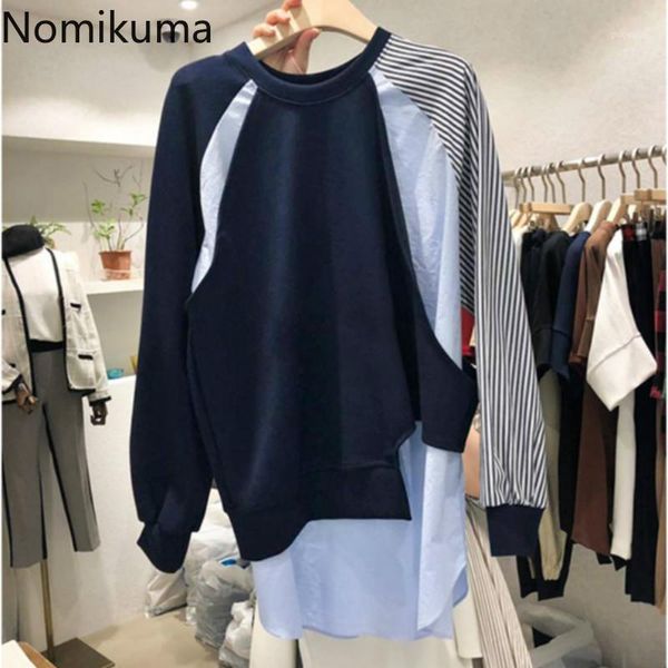 

nomikuma irregular patchwork hit color stripe sweatshirt 2020 autumn long sleeve hoodies causal korean pullover jumper 6c6421, Black