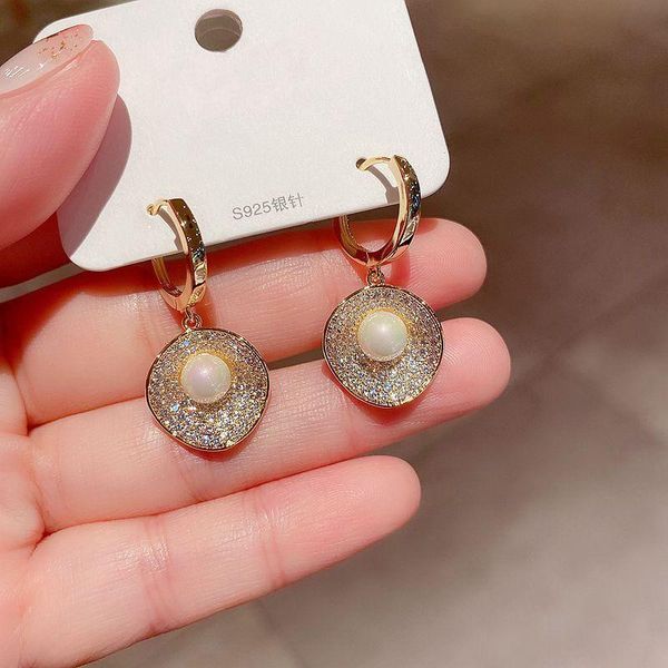 

high-end simulated pearl earrings gold color cubic zirconia round dangle earrings women party jewelry, Silver